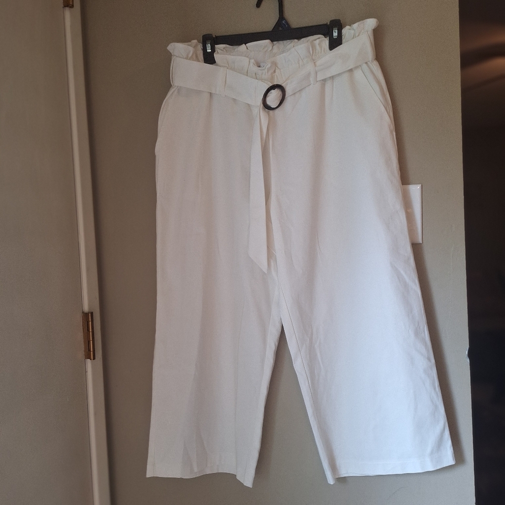 Fever White Cropped Paper Bag Waist Wide Leg Pants Sz XL